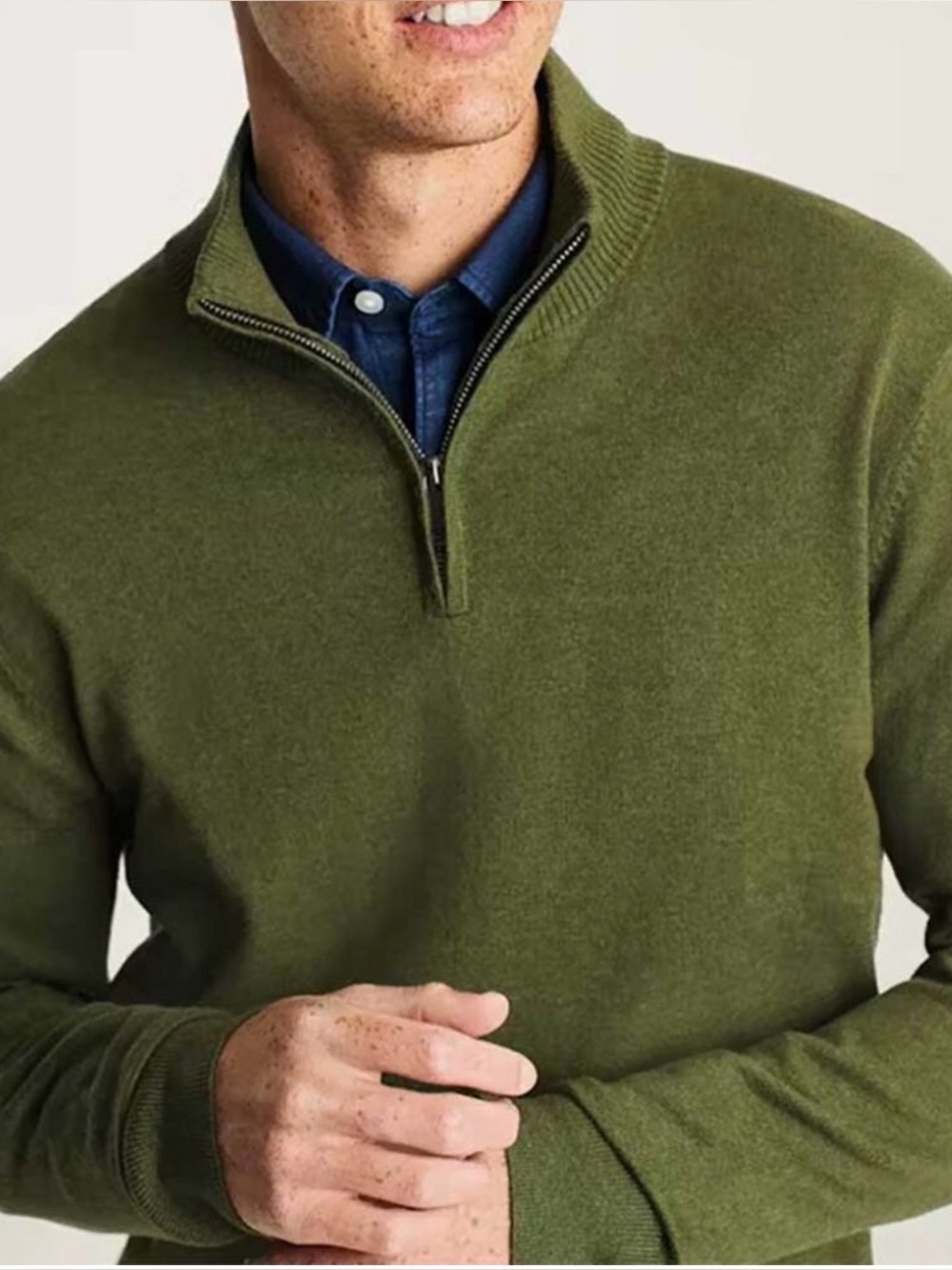 Bonobos men's washable cotton cashmere half zip olive green